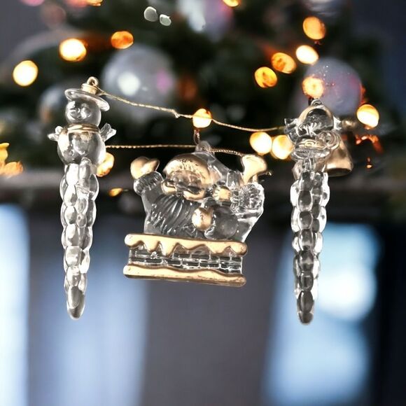 Acrylic Icicle Ornaments Lot x 3 Snowman Santa Claus Gold Trimmed Clear Lucite. - Picture 16 of 16